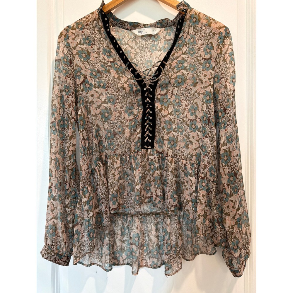 Zara Z1975 Denim Floral Lace Up Peplum Blouse Sheer Chiffon M